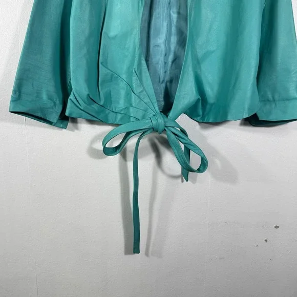 Badgley Mischka Vintage Teal Leather Jacket Silk Lined Cropped Tie Waist Sz M/8 - Picture 2 of 16
